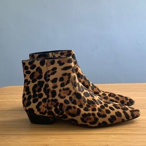 JCrew calf hair leopard ankle boots.